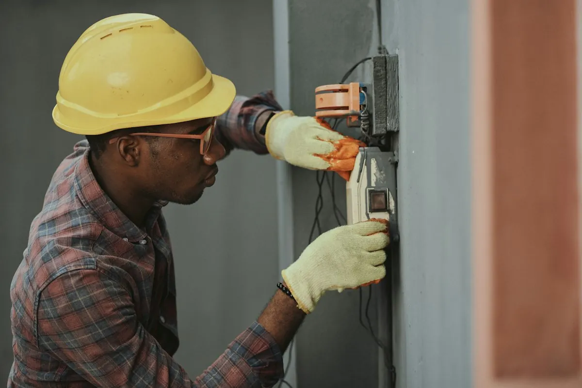 Professional electrical engineer inspecting a commercial distribution switchgear panel